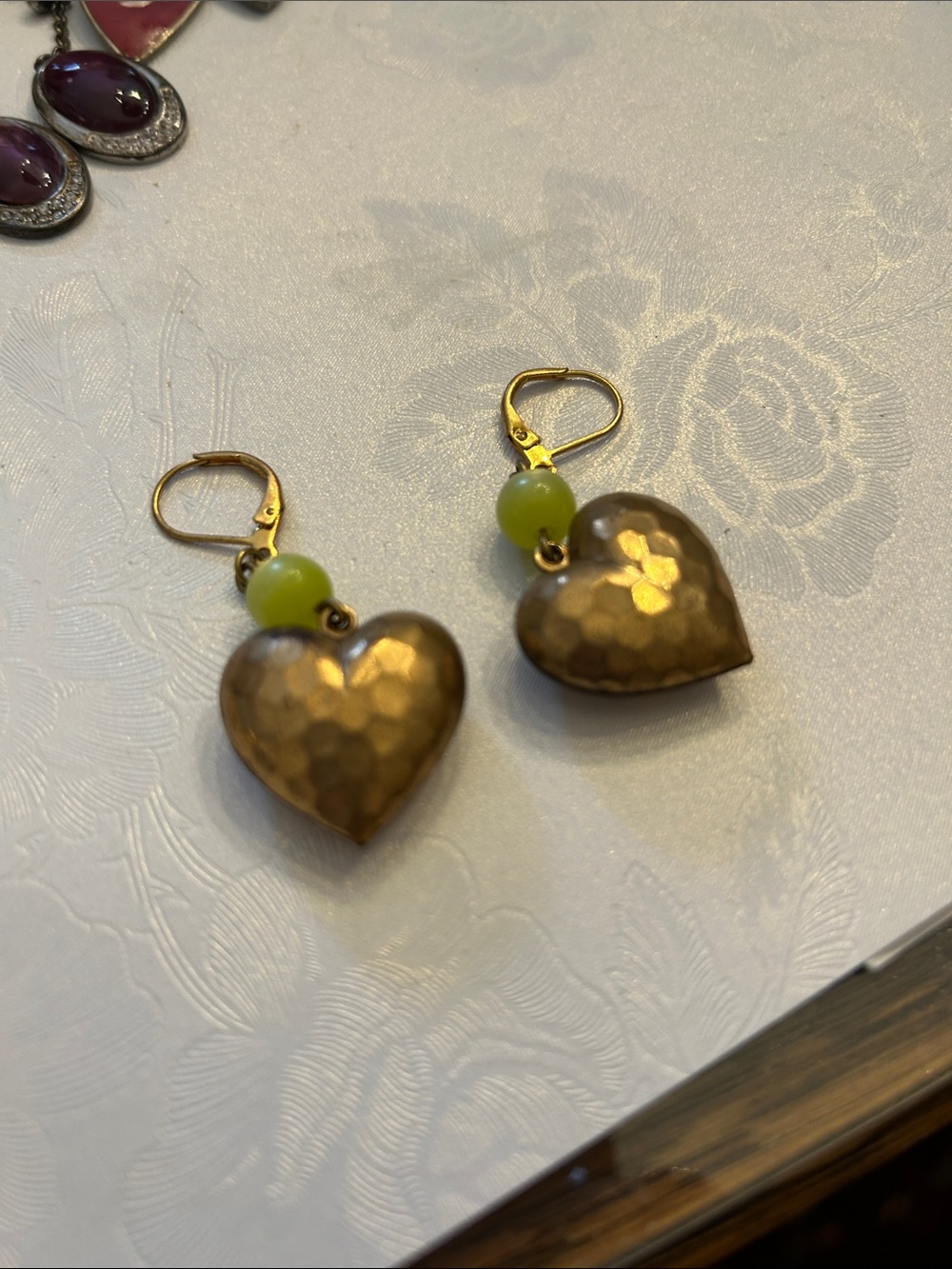 Gold Heart Drop Earrings with Lime Green Beads - Women Jewelry